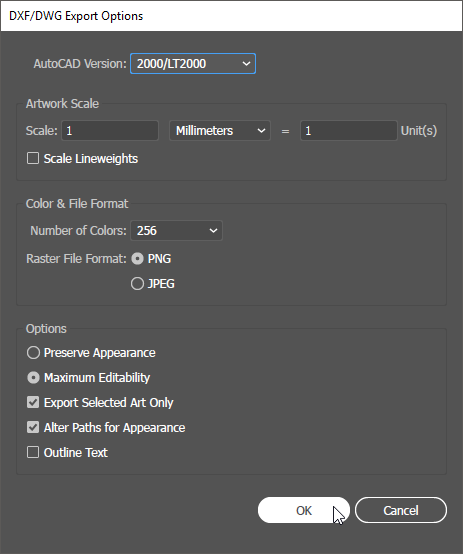 Adobe Illustrator - DXF Export Settings for Transfer to Horizon