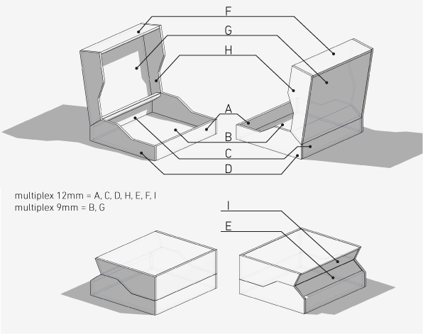 Overview of the Parts. Parts A,C,D,H,E,F,I are 12mm multiplex, Parts B and are multiplex 9mm